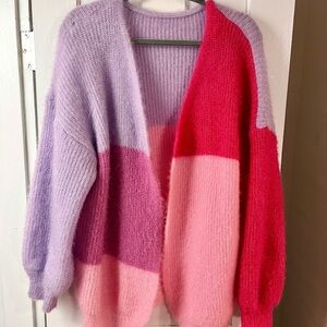 Colorblock Cozy Open-Front Women’s Sweater Cardigan - Lavender Pink Red